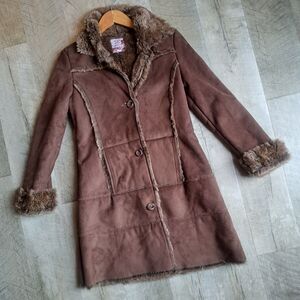 Children's Place Youth Large Premium Girl's Brown Faux Suede Fur Lined Coat Y2k